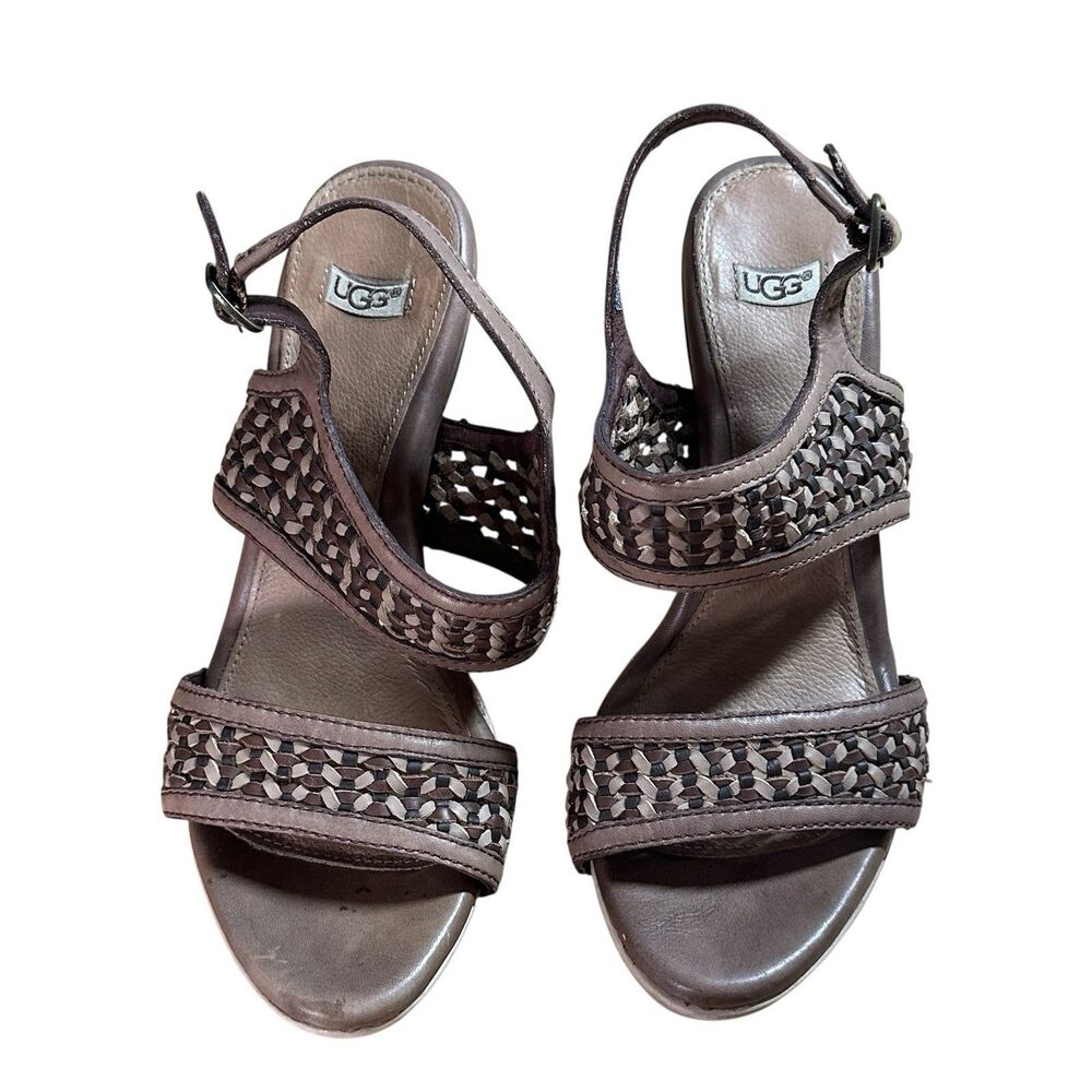 UGG Assia Leather Wedge Sandals Woven Casual Boho Studded Chocolate Brown Sz 6.5